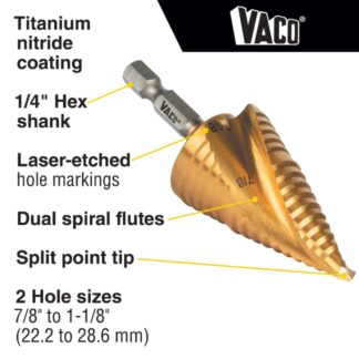 Klein 25960 VACO Double-Fluted Spiral Step Bit 7/8" to 1-3/8"