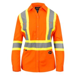 Pioneer 4441W V2121250 Women's Hi-Viz Cotton Button-Up Long Sleeved Safety Shirt - Orange
