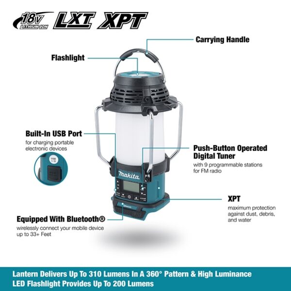 Makita DMR057 18V LXT Lantern Radio with Bluetooth, XPT and Flashlight - Tool Only