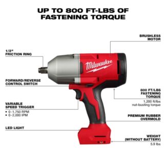 Milwaukee 2666-20 M18 18V 1/2 High Torque Cordless Impact Wrench, TOOL  ONLY