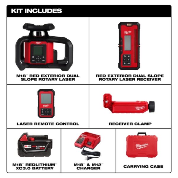 Milwaukee 3704-21 M18 Dual Slope Rotary Laser Level Kit with Receiver and Remote