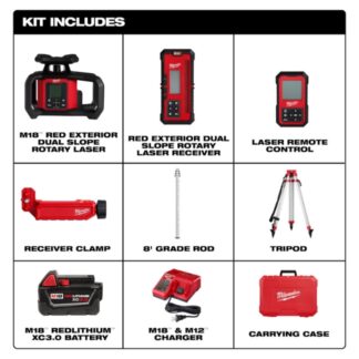 Milwaukee 3704-21T M18 Dual Slope Rotary Laser Level Kit with Receiver, Remote, Grade Pod and Tripod
