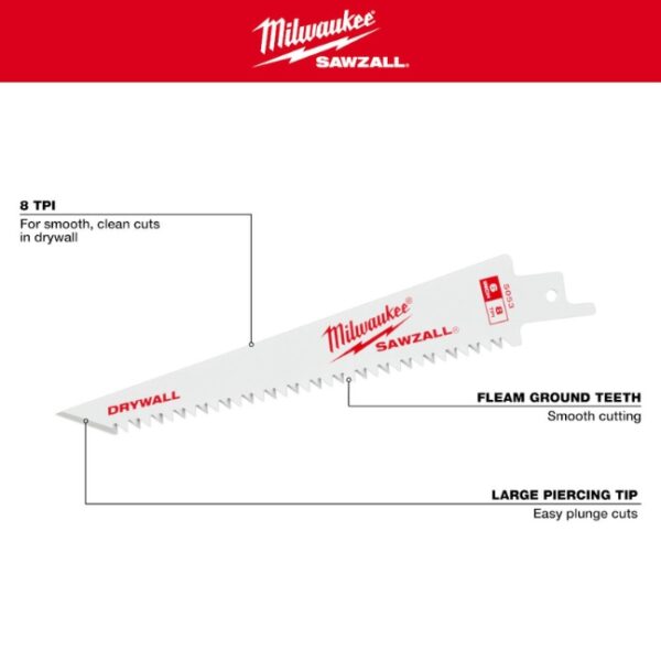 Milwaukee 48-00-5053 6" 8TPI Fleam Ground Bi-Metal SAWZALL Blade for Drywall 3-Pack