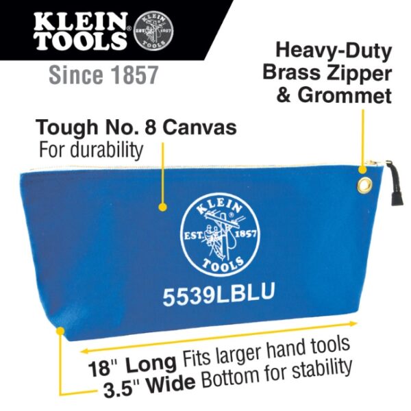 Klein 5539LBLU 18 x 8 x 3-12 Large Blue Canvas Tool Pouch with Zipper (1) Klein 5539LBLU 18" x 8" x 3-1/2" Large Blue Canvas Tool Pouch with Zipper