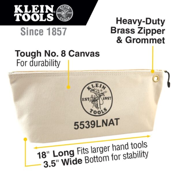 Klein 5539LNAT 18 x 8 x 3-12 Large Natural Canvas Tool Pouch with Zipper (1) Klein 5539LNAT 18" x 8" x 3-1/2" Large Natural Canvas Tool Pouch with Zipper