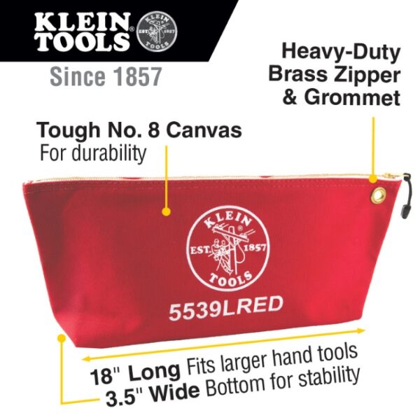 Klein 5539LRED 18" x 8" x 3-1/2" Large Red Canvas Tool Pouch with Zipper