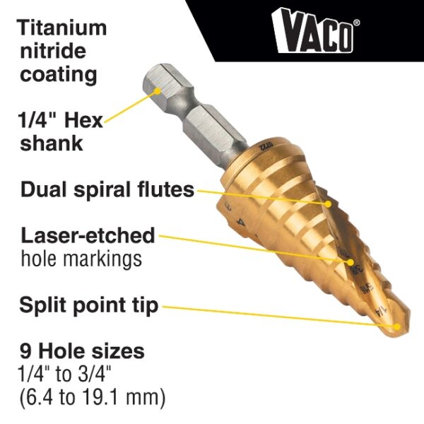 Klein 25963 14 to 34 VACO Double-Fluted 9-Step Drill Bit (1) Klein 25963 1/4" to 3/4" VACO Double-Fluted #3 9-Step Drill Bit