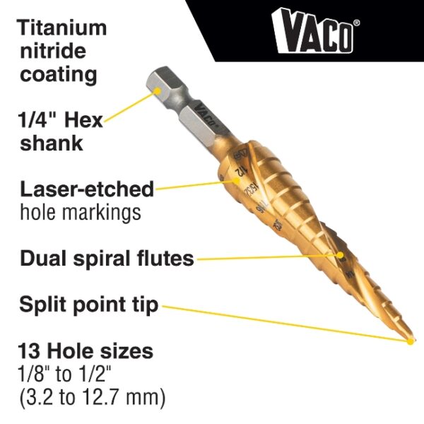 Klein 25964 18 to 12 VACO Double-Fluted 13-Step Drill Bit (1) Klein 25964 1/8" to 1/2" VACO Double-Fluted 13-Step Drill Bit