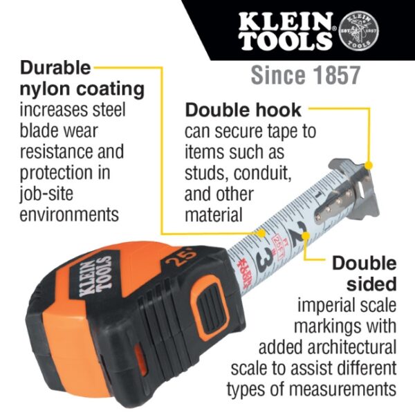 Klein 9525 25ft Double-Hook Compact Tape Measure (1) Klein 9525 25ft Double-Hook Compact Tape Measure