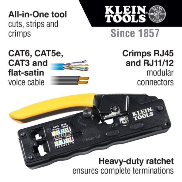 Klein VDV226-107 Compact Ratcheting Data Cable Crimper / Stripper / Cutter