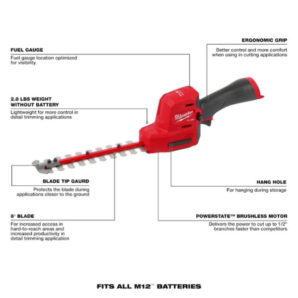 Milwaukee 2533-20 M12 FUEL 8 Hedge Trimmer - Tool Only (1) Milwaukee 2533-20 M12 FUEL 8" Hedge Trimmer - Tool Only