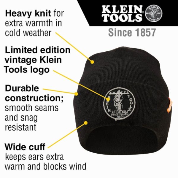 Klein 60388 Black Heavy Knit Hat with Vintage Patch Logo