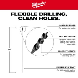 Milwaukee 48-13-8403 9/16" x 54" Cable Auger Bit and Placement Tool Set 3-Piece