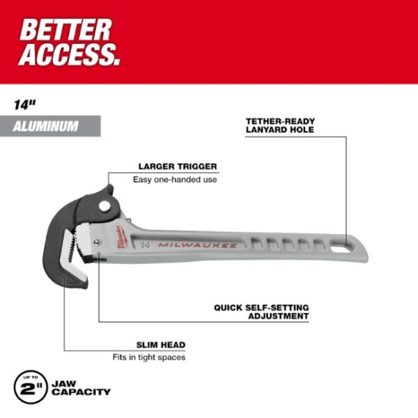 Milwaukee 48-22-7414 14” Aluminum Self-Adjusting Pipe Wrench (1) Milwaukee 48-22-7414 14” Aluminum Self-Adjusting Pipe Wrench