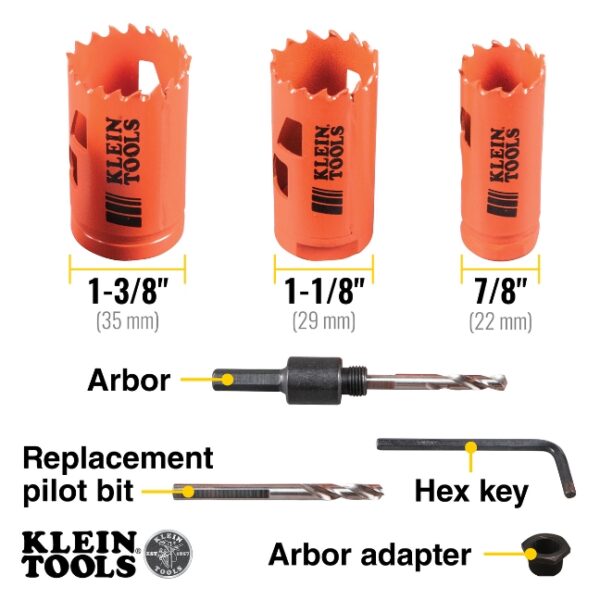 Klein 32905 Electrician's Hole Saw Kit with Arbor 3-Piece (1) Klein 32905 Electrician's Hole Saw Kit with Arbor 3-Piece