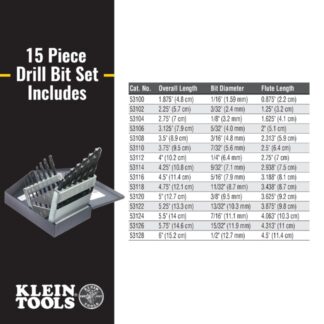 Klein 53001 Regular-Point Drill-Bit Set 15-Piece