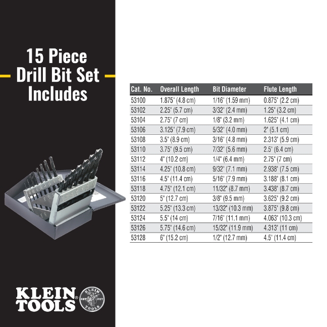 Klein 53001 Regular-Point Drill-Bit Set 15-Piece - BC Fasteners & Tools