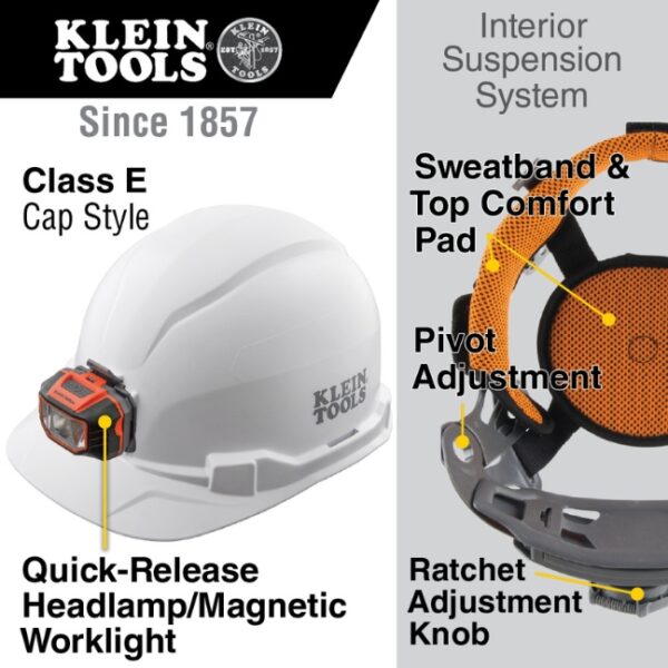 Klein 60107 Cap-Style Non-Vented Hard Hat with Headlamp - White
