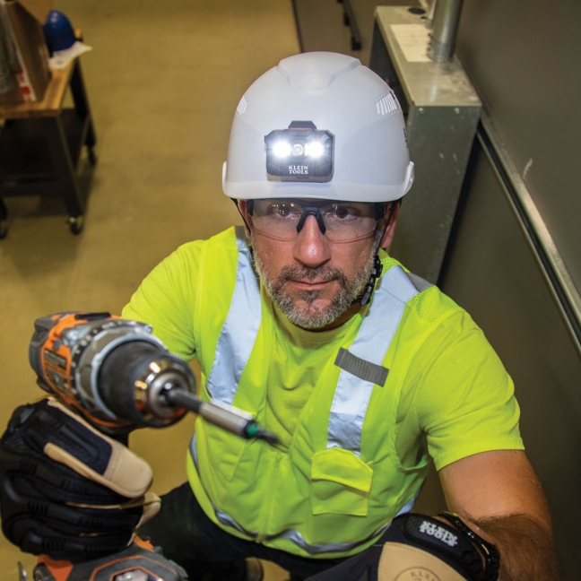 Klein 60150 vented class c hard hat with rechargeable headlamp white