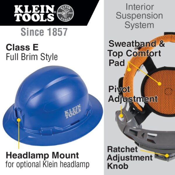 Klein 60249 Non-Vented Class-E Full Brim-Style Hard Hat - Blue