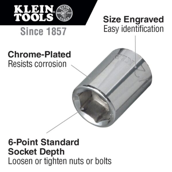 Klein 65700 38 Drive x 38 Standard 6-Point Socket (1) Klein 65700 3/8" Drive x 3/8" Standard 6-Point Socket