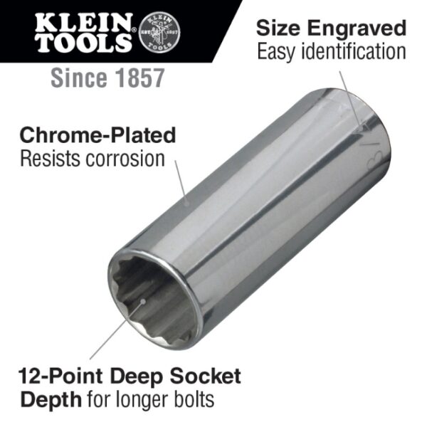 Klein 65825 12 Drive x 12 Deep 12-Point Socket (1) Klein 65825 1/2" Drive x 1/2" Deep 12-Point Socket