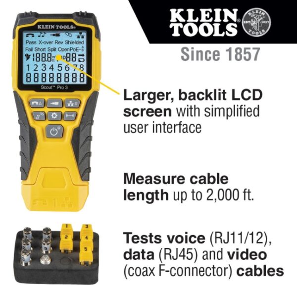 Klein VDV501-851 Cable Tester Kit with SCOUT Pro 3 Tester, Remotes, Adapter, Battery