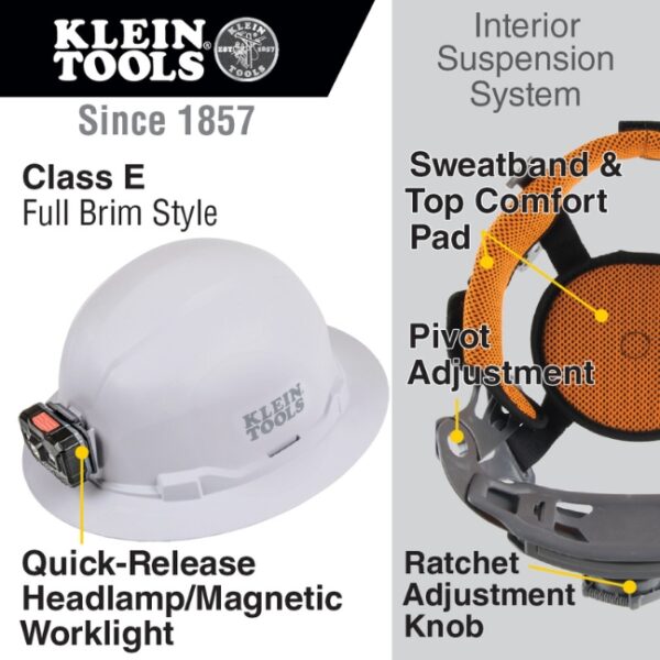 Klein 60406RL Non-Vented Class-E Type 1 Full Brim-Style Hard Hat with Rechargeable Headlamp - White
