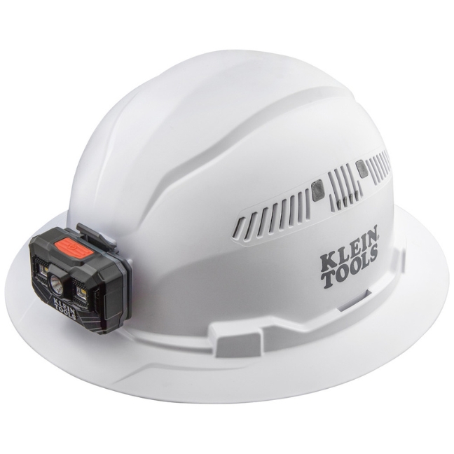 Klein 60407RL Vented Class-C Type 1 Full Brim-Style Hard Hat with Rechargeable Headlamp - White