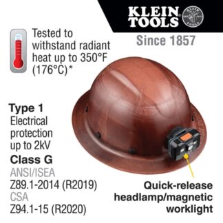 Klein 60447 KONSTRUCT Class-G Type 1 Full Brim-Style Hard Hat with Rechargeable Headlamp (1)