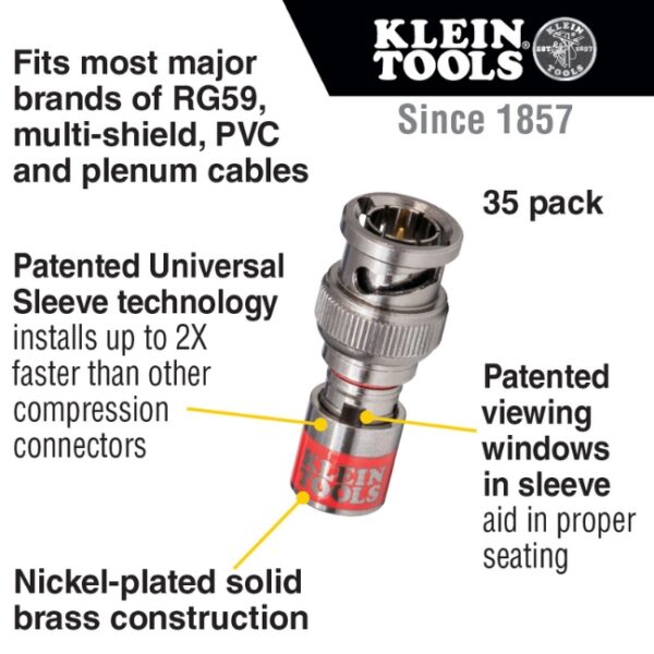 Klein VDV813-619 Universal BNC Compression Connectors RG59 35-Pack (1) Klein VDV813-619 Universal BNC Compression Connectors RG59 35-Pack