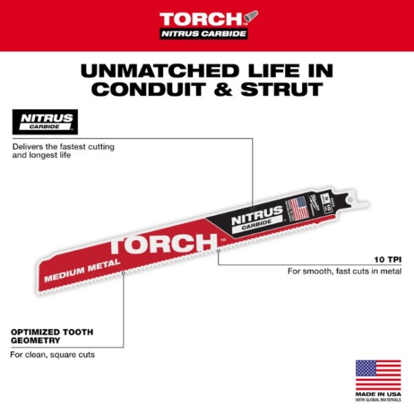 Milwaukee 48-00-6252 TORCH 9" 10TPI NITRUS CARBIDE Tipped SAWZALL Blade for Medium Metal