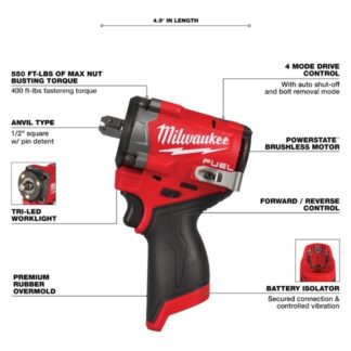 Milwaukee 2563P-20 M12 FUEL 1/2" Drive Stubby Impact Wrench with Pin Detent - Tool Only