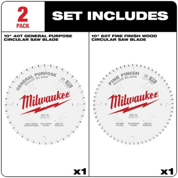 Milwaukee 48-40-1036 10 40T + 60T Circular Saw Blade 2-Pack (1) Milwaukee 48-40-1036 10" 40T + 60T Circular Saw Blade 2-Pack