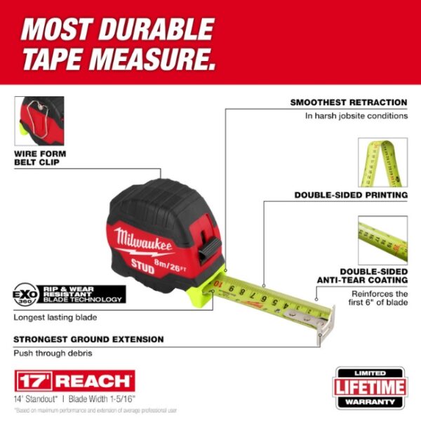 Milwaukee 48-22-1426 26ft8m STUD Tape Measure (1) Milwaukee 48-22-1426 26ft/8m STUD Tape Measure