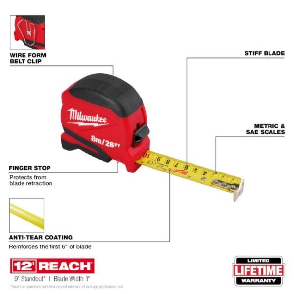 Milwaukee 48-22-1726 26ft8m Compact Tape Measure (1) Milwaukee 48-22-1726 26ft/8m Compact Tape Measure