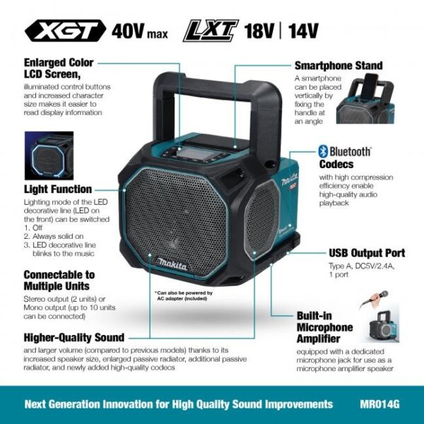 Makita MR014G 40Vmax XGT 18V LXT Bluetooth Jobsite Speaker - Tool Only (1) Makita MR014G 40Vmax XGT / 18V LXT Bluetooth Jobsite Speaker - Tool Only