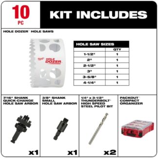 Milwaukee 49-22-5606 HOLE DOZER Bi-Metal Hole Saw Kit with PACKOUT™ Compact Organizer 10-Piece (1)