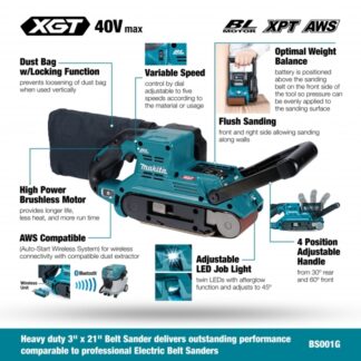 Makita BS001GZ 40Vmax XGT Brushless 3 x 21 Belt Sander - Tool Only (9)