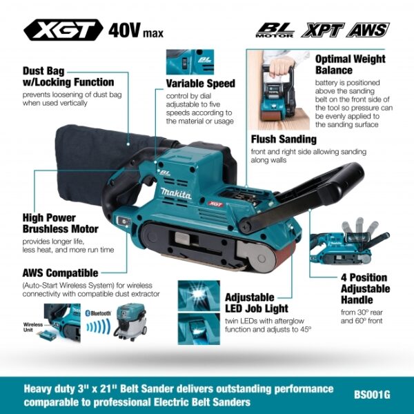 Makita BS001GZ 40Vmax XGT Brushless 3" x 21" Belt Sander - Tool Only