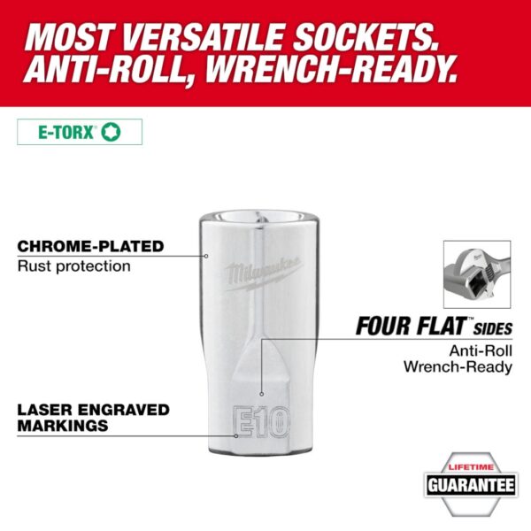 Milwaukee 48-22-9570 14, 38, and 12 Drive External Torx Socket Set 12-Piece (1) Milwaukee 48-22-9570 1/4", 3/8", and 1/2" Drive External Torx Socket Set 12-Piece