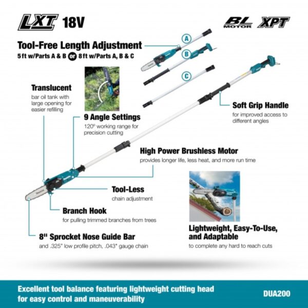 Makita DUA200RT 18V LXT 5ft or 8ft 8" Brushless Pole Saw Kit