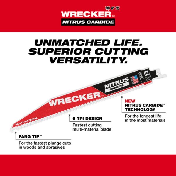 Milwaukee 48-00-5271 WRECKER 6" 6TPI NITRUS CARBIDE Tipped SAWZALL Blade for General Purpose Cuts