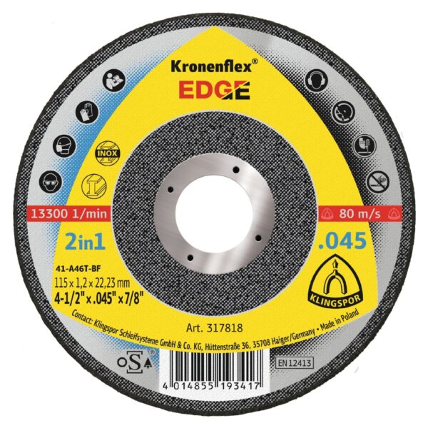 Klingspor 317818 KRONENFLEX EDGE 4-1/2" x 0.45" x 7/8" Type 1 Cut-Off Wheel for Stainless Steel 25-Pack