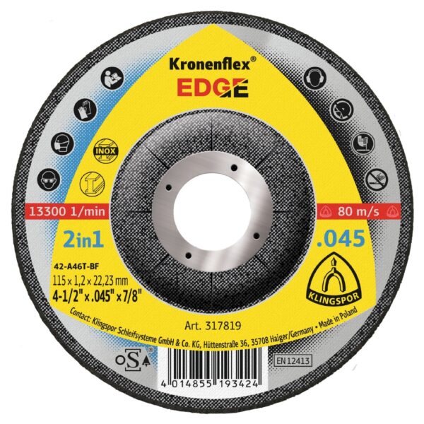 Klingspor 317819 KRONENFLEX EDGE 4-1/2" x 0.45" x 7/8" Type 27 Cut-Off Wheel for Stainless Steel 25-Pack