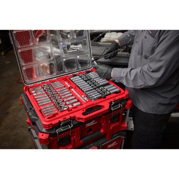 Milwaukee 48-22-9285 38 Drive 6 and 12 Point SAE and Metric Socket Set with PACKOUT Organizer 98-Piece (7) Milwaukee 48-22-9285 3/8" Drive 6 and 12 Point SAE and Metric Socket Set with PACKOUT Organizer 98-Piece