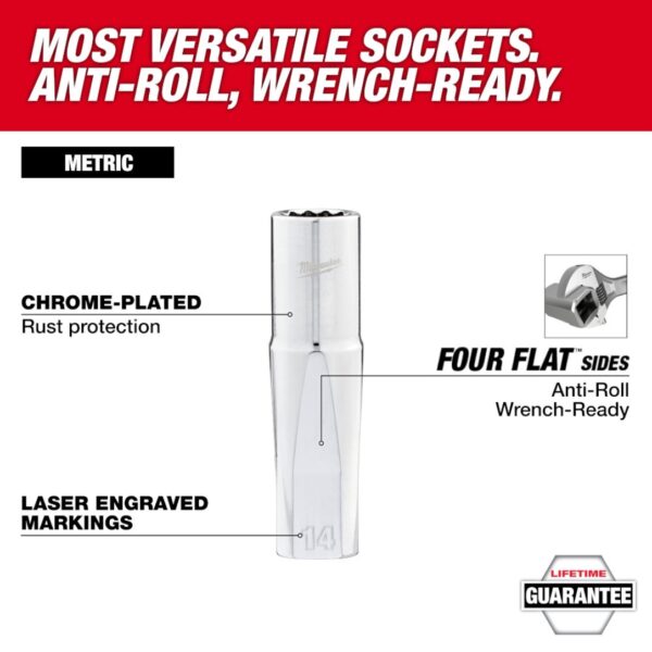 Milwaukee 48-22-9521 38 Drive 12 Point Metric Deep Socket Set 12-Piece (1) Milwaukee 48-22-9521 3/8" Drive 12 Point Metric Deep Socket Set 12-Piece