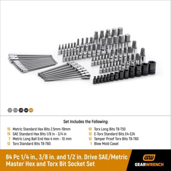 Gearwrench 80742 1/4", 3/8" and 1/2" Drive Hex/Tamper Proof Torx/External Torx/Torx SAE/Metric Bit Set 84-Piece