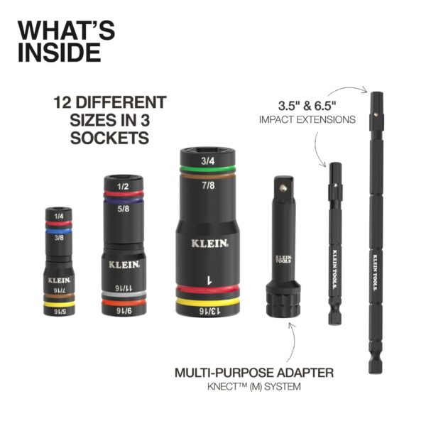 Klein 653QS KNECT Quad-12 SAE Heavy-Duty Impact Flip Sockets 6-Piece (1) Klein 653QS KNECT Quad-12 SAE Heavy-Duty Impact Flip Sockets 6-Piece