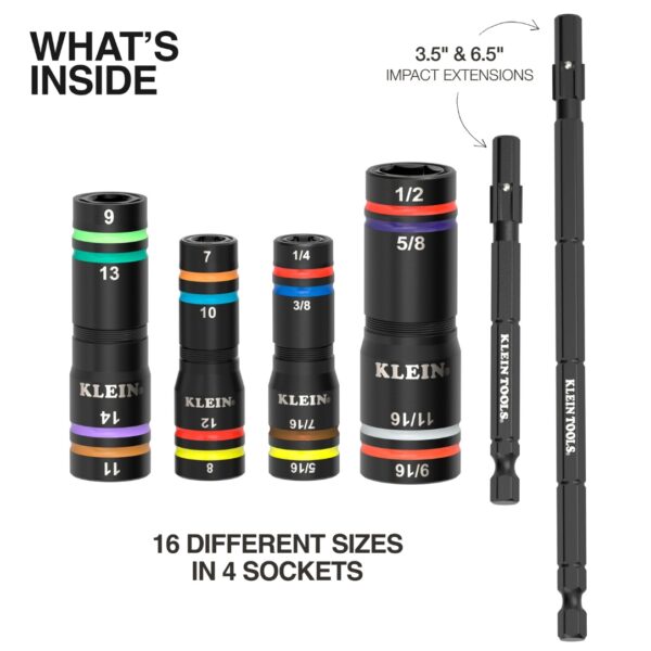 Klein 654QS KNECT Quad-16 SAE and Metric Heavy-Duty Impact Flip Sockets 6-Piece (1) Klein 654QS KNECT Quad-16 SAE and Metric Heavy-Duty Impact Flip Sockets 6-Piece